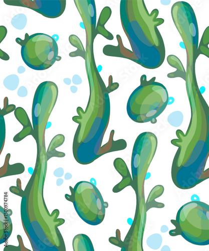 Vector seamless background with marine elements. Plants, algae, and abstract green lines on a separate background.