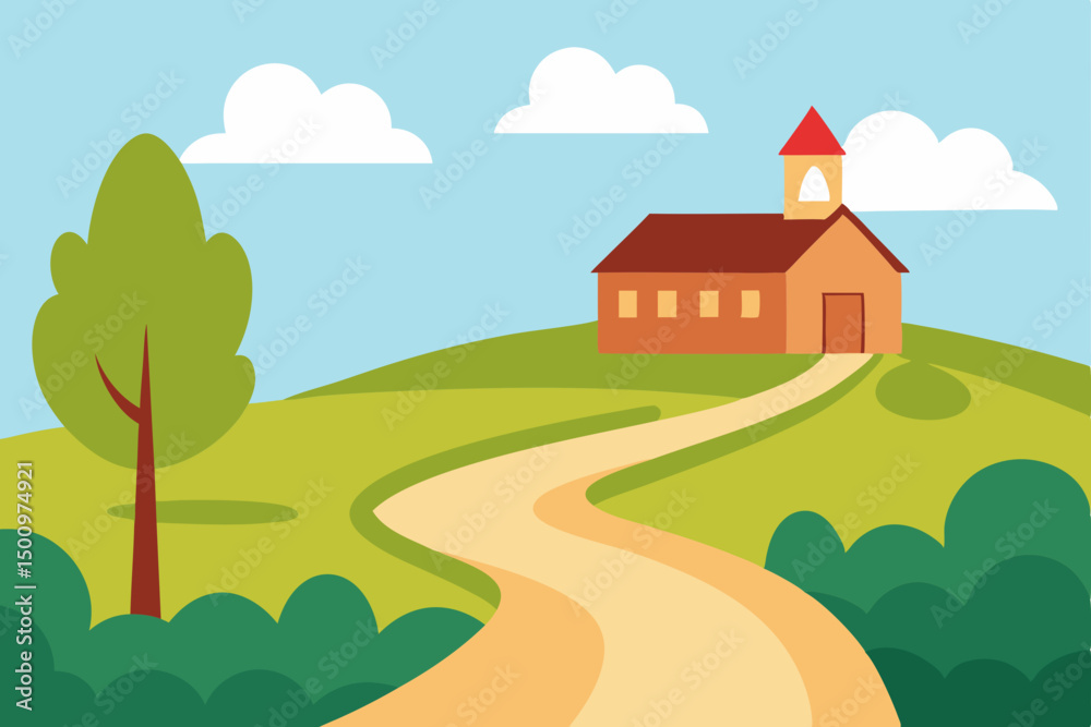 rural countryside school with a dirt path and surr 