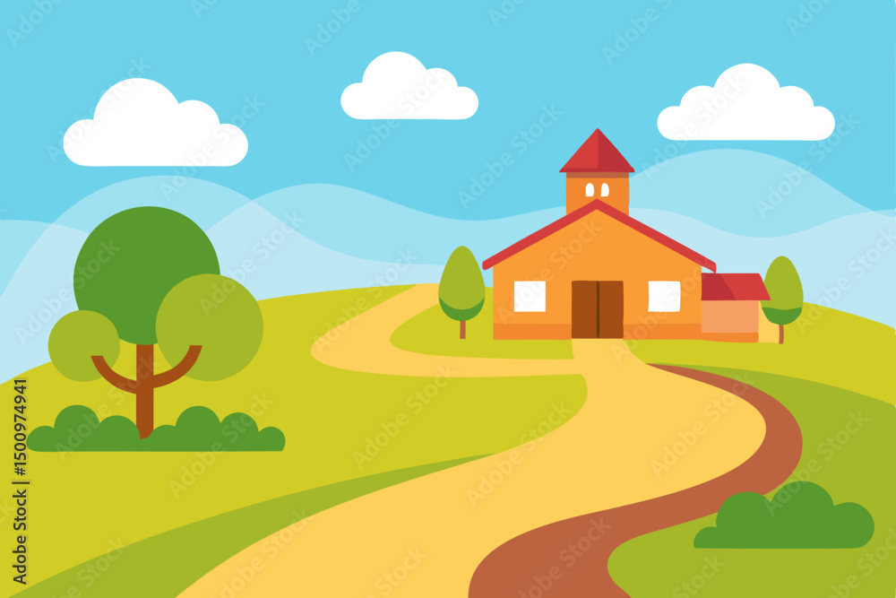 rural countryside school with a dirt path and surr.svg