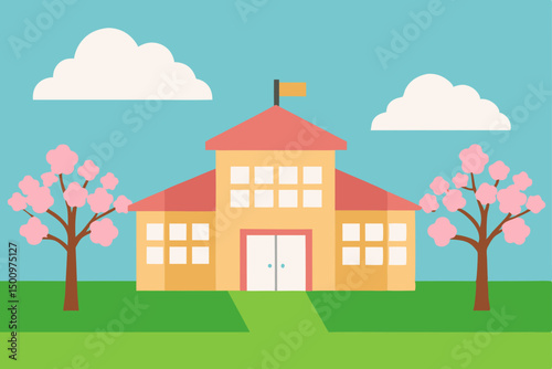 school building during spring with blooming trees .svg
