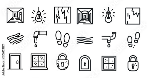 Home and interior outline icons set – linear, line, house and decor symbols