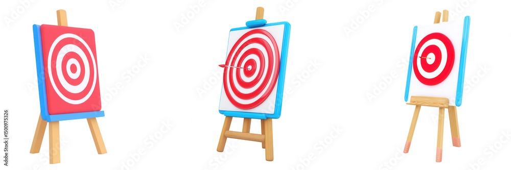 Three 3d rendered targets on easels isolated on transparent background Three 3d rendered targets on easels isolated on transparent background