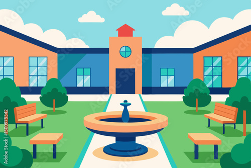 school courtyard with a fountain  benches  