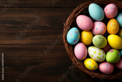 Wallpaper Mural Colorful Easter eggs nestled in a decorative basket on a rustic wooden table for festive celebrations Torontodigital.ca