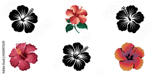 Hibiscus, Hibiscus flower silhouettes, Hibiscus flower black color illustration, A watercolor vector of a set of hibiscus flowers, isolated on a white background. Hibiscus vector, vector set.