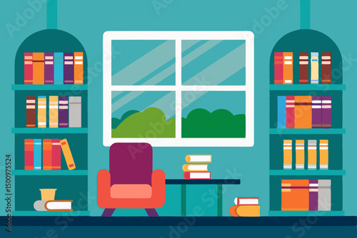 school library interior with bookshelves  cozy rea 