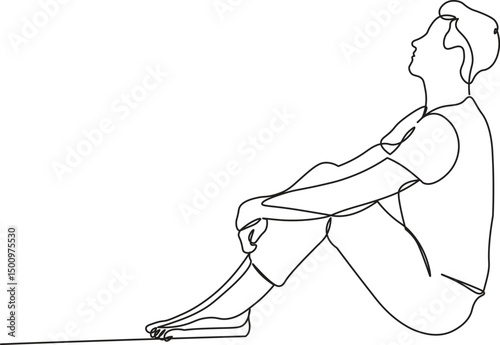 A man sits on the floor sketch in continuous line drawing style. Minimalist black linear sketch isolated on white background. Vector illustration
