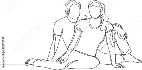 Couple man and woman sitting together on the floor sketch in continuous line drawing style. Minimalist black linear sketch isolated on white background. 