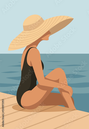 Summer holidays. Vector illustration of woman in black swimsuit, big wide-brimmed hat, sitting on beach, pier by the sea. Summer mood, tan, warm color palette. Use for tourism project