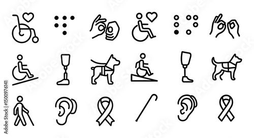 Disability and accessibility outline icons set – mobility, adaptive, inclusive symbols