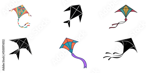 set of colorful kite, A diamond flying kite with a decorative tail flat vector icon for apps and websites, Summer kite is flying doodle hand drawn icon. Outline drawing kite is flying line clipart.