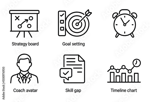 Business strategy elements and goal achievement icons for project management