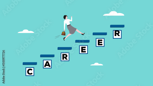 journey to career success, businesswoman running up the stairs of achievement concept vector illustration with flat design style