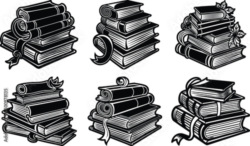 Book Stacks and Scrolls Vector on White Background