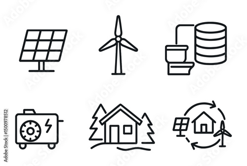 Sustainable energy icons featuring solar, wind, and eco-friendly technologies design