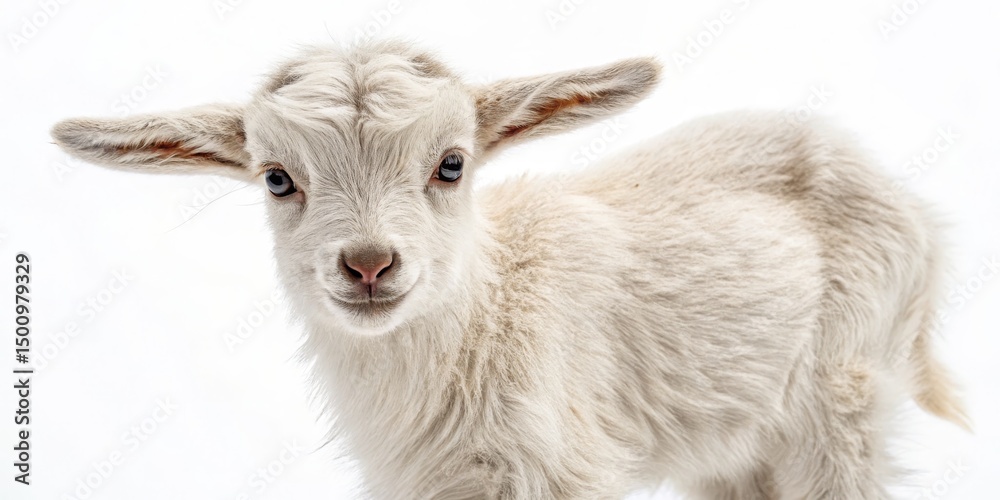 Fototapeta premium Adorable White Baby Goat Kid, Fluffy Fur, Farm Animal, Goatling Goat, Kid