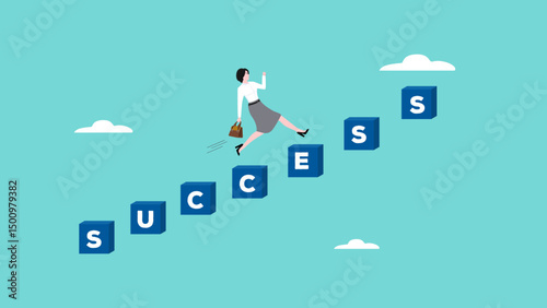 business progress step towards career success, businesswoman running up the stairs of success achievement concept vector illustration with flat design style
