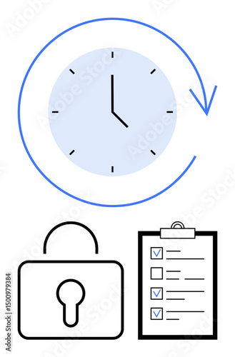 Circular arrow clock for time tracking, lock for security, and checklist for organization. Ideal for productivity, workflow planning, task management, scheduling, security, deadlines simple landing