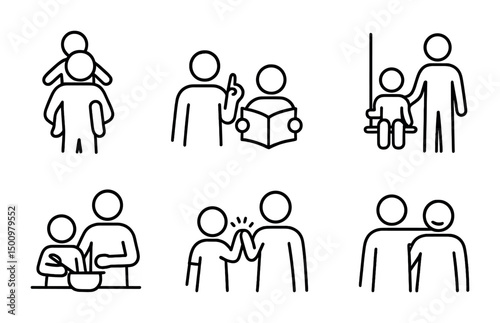 Simple line art illustrates family bonding and parenting activities