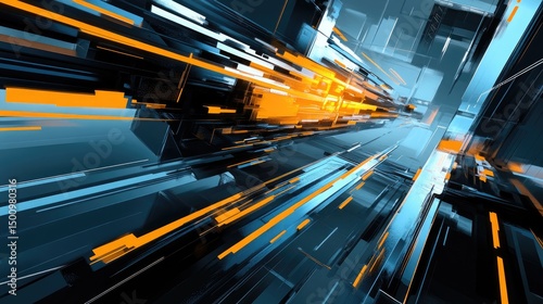 Abstract digital art depicting a futuristic, dynamic cityscape with glowing orange and blue streaks, suggesting speed and technology