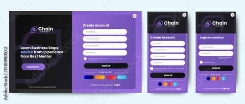 Set of Sign Up and Sign In forms. Blue gradient. Mobile Registration and login forms page. Professional web design, full set of elements. User-friendly design materials.
