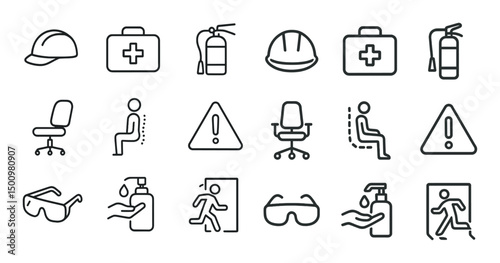Workplace safety line icons set – flat, outline, occupational hazard symbols
