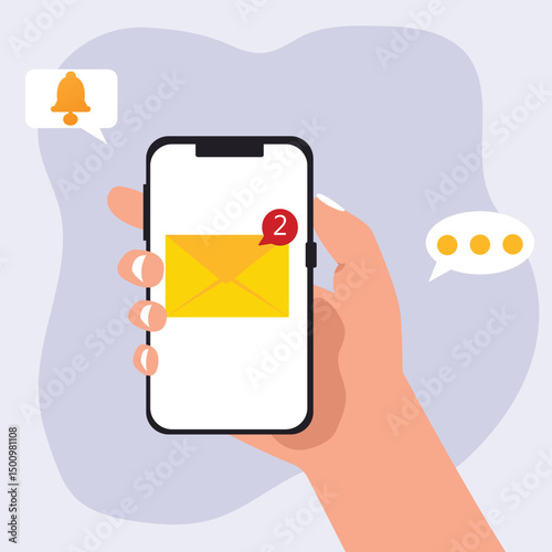 Hand holding Smartphone with unread new message notification on the phone screen. New message pop out on smartphone screen. vector illustration on isolated background.