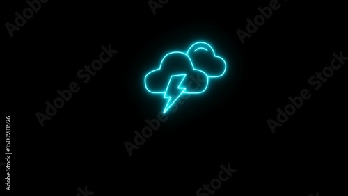 Neon lightning storm background. Glowing night storm icon with lightning and rain icon.
