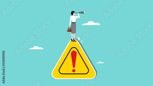 observing risks of business opportunities, business risk, woman standing on a danger sign while observing using a telescope