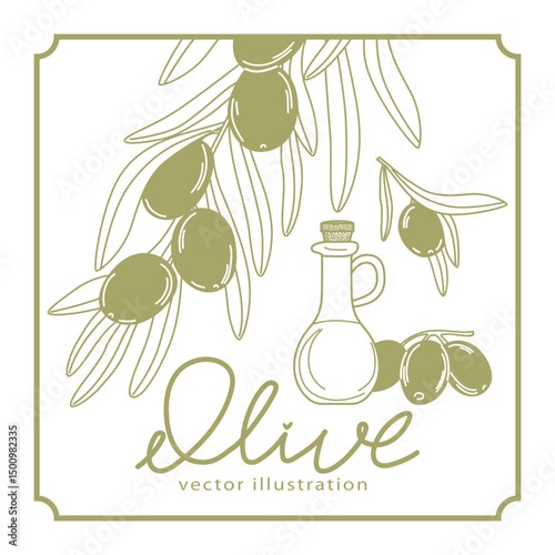 Olive oil carafe and olive branch. Greek plant for banner, poster. labels and cards. Vector template in doodle style, on white background. Hand drawn