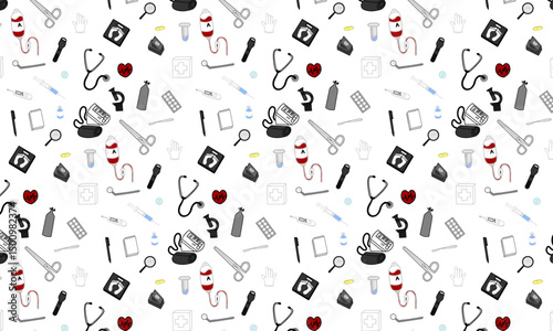 Seamless pattern of colorful medical equipment on white background. Ideal for healthcare, packaging, textiles, and digital use.