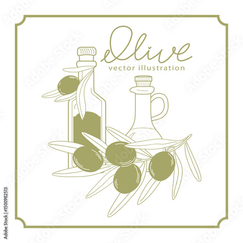 Olive branch, glass bottle and decanter for oil. Greek plant. Mediterranean cuisine, aroma oil. Vintage engraving monochrome banner. Vector template in doodle style, on white background. Hand drawn