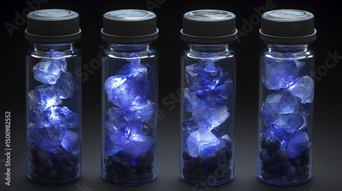 A clear vials filled with a blue glowing liquid and ice.