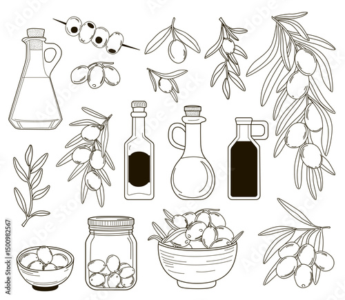 Vector olive sketch set isolated on white background. Doodle style set, from branch, glass bottle, carafe of oil, olives on a stick, jar of olives. Hand drawn