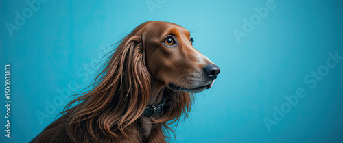 Majestic long-haired sighthound dog in side profile with glossy brown coat and calm eyes against bold blue background in elegant studio pet portrait photography style