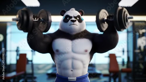 Cartoon panda lifting dumbbells in gym