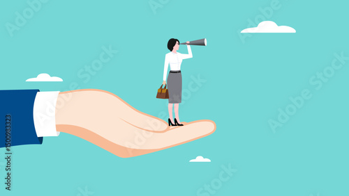 the contribution of others to career development, see business opportunities with support system, businesswoman standing on the big hand while looking at business opportunities with a telescope
