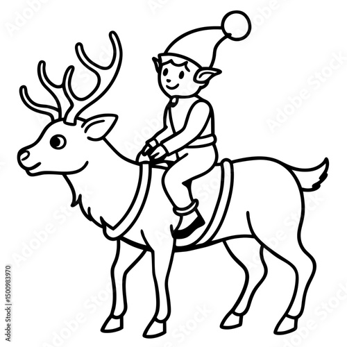 Elf Riding Reindeer – Simple Vector on White Background