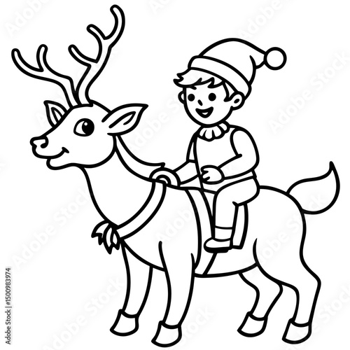 Elf Riding Reindeer – Simple Vector on White Background