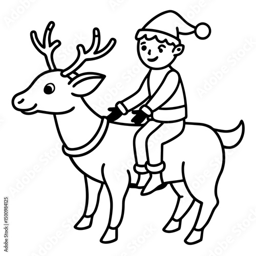 Elf Riding Reindeer – Simple Vector on White Background