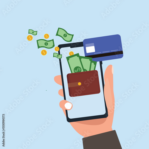 Hand holding smartphone online payment wallet and transfer money. Hand holding phone with money and credit cards on device screen vector Illustrations.