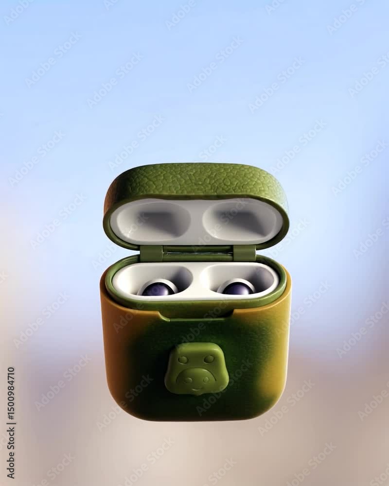 Video AI Funda protectora cascos, pods, inalámbricos y su estuche cargador en tonos camuflaje divertidos se ven colocados los auriculares en su sitio, tapa abierta fondo difuso, primer plano, novedad