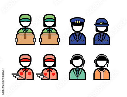 シンプルなカラーの職業イラストアイコンセット（配達スタッフ・警察官・給油スタッフ・コールセンタースタッフ）