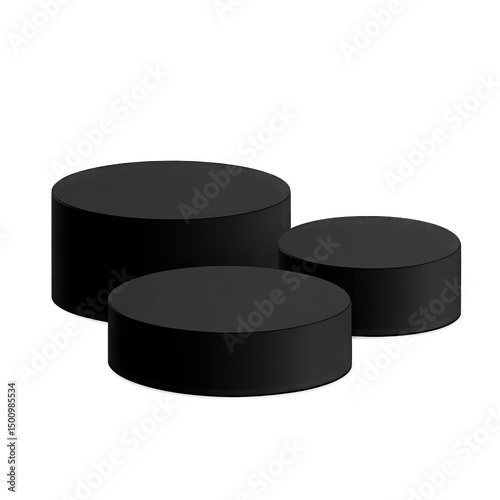 Three dark-grey cylindrical platforms, decreasing in size from left to right, sit on a black background, suggesting a podium or display photo