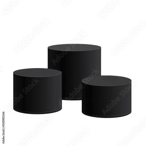 Three matte black cylindrical pedestals, varying in height, arranged asymmetrically against a stark black background, suggesting a podium or display