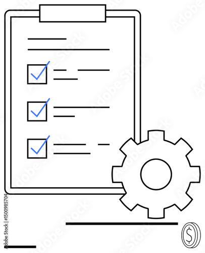 Document checklist with three marked tasks, gear for process optimization, and small monetary sign. Ideal for planning, productivity, efficiency, workflow, analysis, goal setting simple landing page