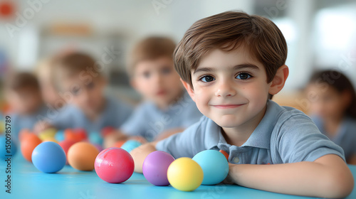A bright-eyed boy smiles in a classroom setting.