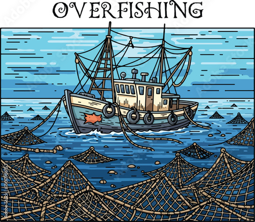 A striking woodcut illustration depicting the issue of overfishing, featuring a fishing boat surrounded by numerous nets