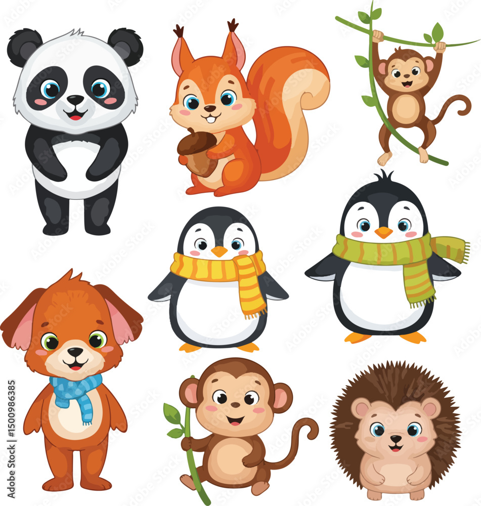 Obraz premium A delightful collection of cute cartoon animals including a panda, squirrel with acorn, playful monkeys, scarf-wearing penguins, a puppy, and a hedgehog