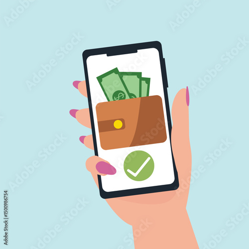 Hand holding smartphone send money via smartphone. Internet mobile banking transaction  wallet and money. Online payment through smartphone. Digital payment concept vector illustration.